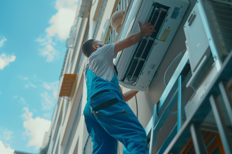 Male professional worker repairs air conditioner